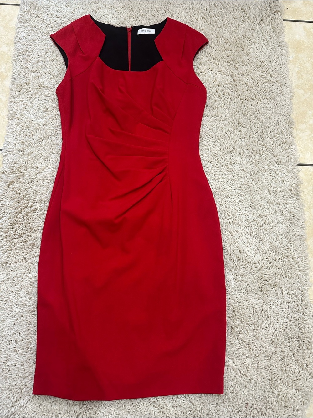 Calvin Klein Red Midi Sheath Dress with Black Neckline